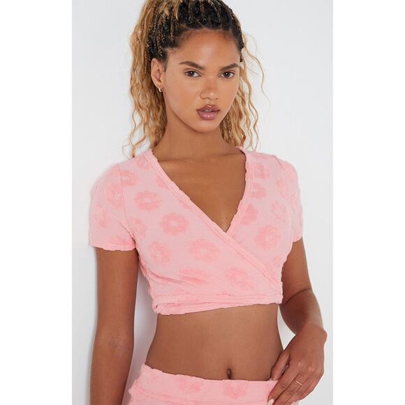 LA Hearts by PacSun Womens Top Sz S Lounge Groove Wrap Pink Chenille Flowers Tie - Picture 2 of 11